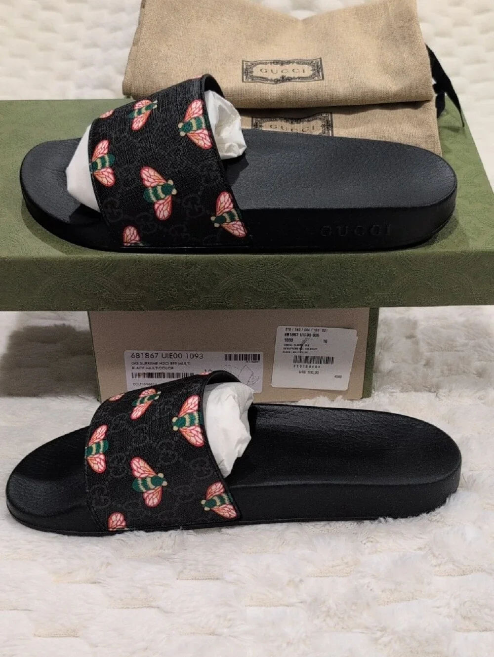 UK10 Gucci Black GG Bee Print Men’s Slide Sandals